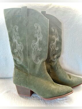 Women’s Olive Faux-Suede Western Calf-High Boots